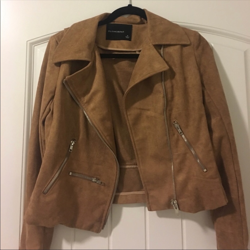 Olivaceous faux suede moto jacket. Size Medium.